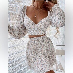 NWOT SHEIN White Mini Skater Skirt Long Sleeve Crop Top Set Women’s Size Small